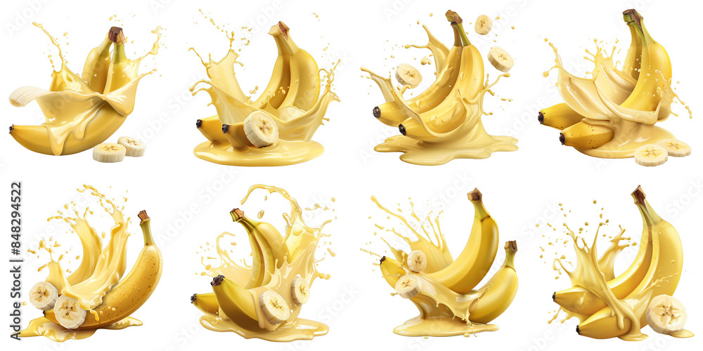 Set of Banana Smoothie Splash isolated on transparent png background. Generative ai Set of Banana Smoothie Splash isolated on transparent png background. Generative ai
