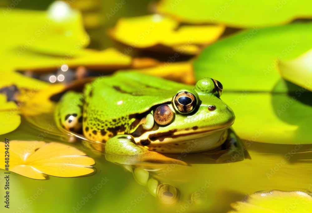 A close-up photo of a frog floating in a pond with its eyes and nose above water A close-up photo of a frog floating in a pond with its eyes and nose above water