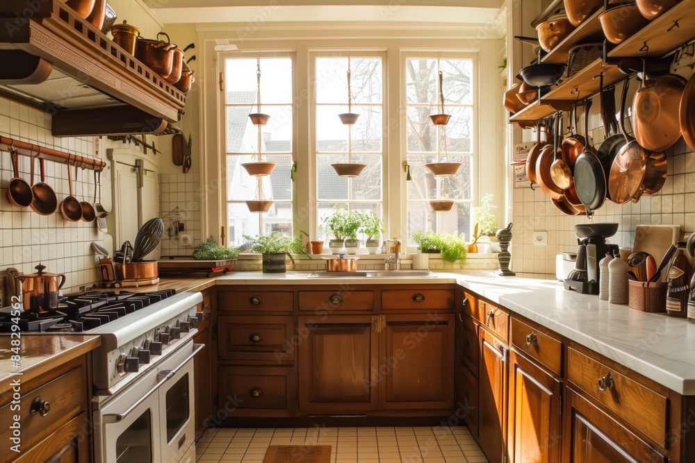 Traditional and warm kitchen space with plenty of copper cookware and sunlight streaming in Traditional and warm kitchen space with plenty of copper cookware and sunlight streaming in