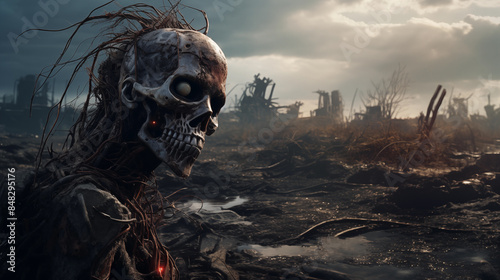 Grim Survivor in Post-Apocalyptic Wasteland Amidst Ruins and Twisted Metal