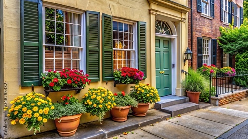 Exterior of house with traditional wall siding, sidewalk, planter with multicolored yellow flowers in Charleston