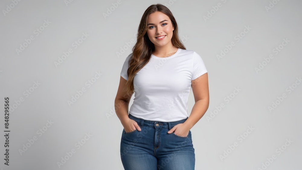 Plus size young woman wearing white t-shirt and blue jeans isolated on grey background Plus size young woman wearing white t-shirt and blue jeans isolated on grey background