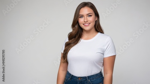 Plus size young woman wearing white t-shirt and blue jeans isolated on grey background