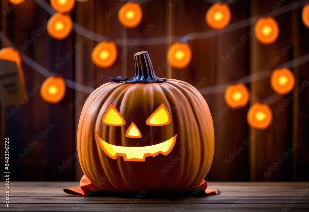 Fototapeta premium A festive Halloween table set up with a pumpkin bag filled with candy and spooky decorations