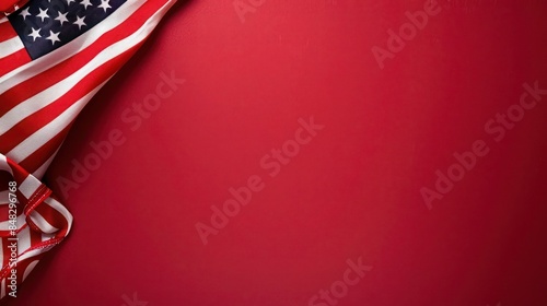 plain cherry red background with a USA flag theme in the corner and copy space for text on the left