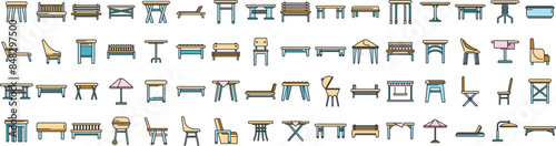 Outdoor furniture icons set outline vector. Garden patio. Deck bench thin line color flat on white