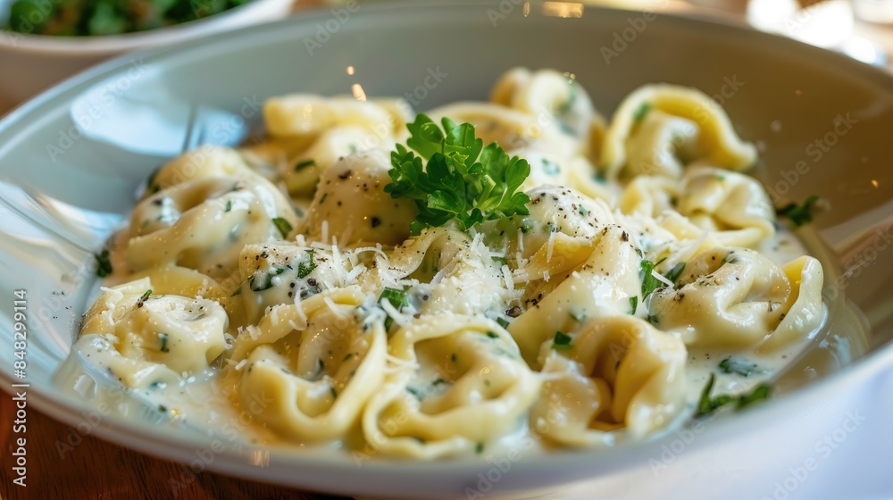 Tortellini with white sauce and topped with green vegetables