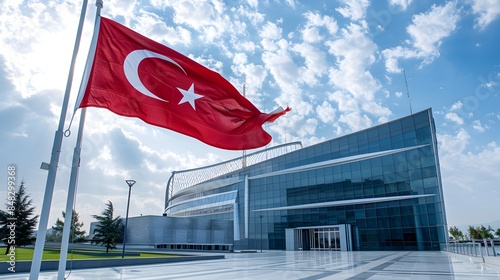 Fototapeta Naklejka Na Ścianę i Meble -  Turkish flag waving in front of modern building, Istanbul Turkey