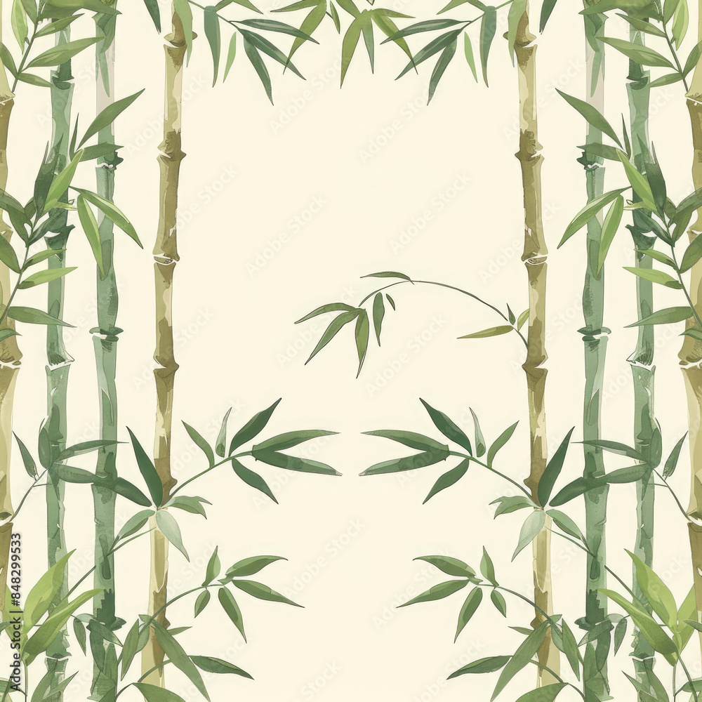Obraz premium Decorative background featuring tall bamboo stalks with lush green leaves, perfect for nature-themed designs and projects.