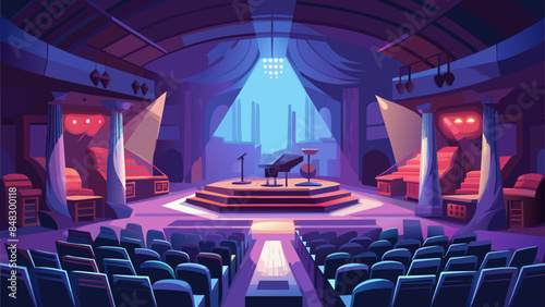 A stage with a microphone and a piano. The stage is lit up with red lights