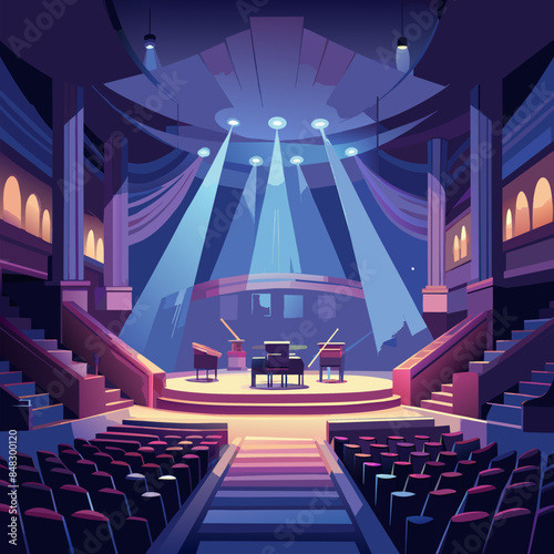 A concert hall with a stage and a piano. The stage is lit up with bright lights. The audience is seated in rows of chairs