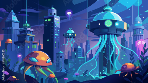 A cityscape with a lot of buildings and a few spaceships. The spaceships are floating in the sky and the city is lit up