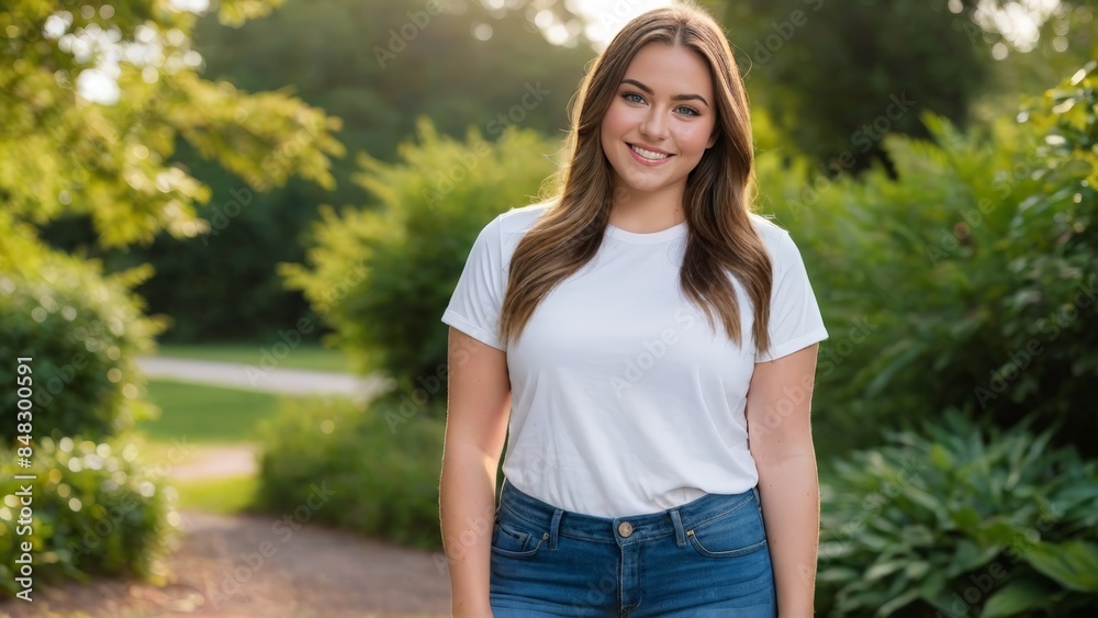 Plus size young woman wearing white t-shirt and blue jeans standing in nature Plus size young woman wearing white t-shirt and blue jeans standing in nature