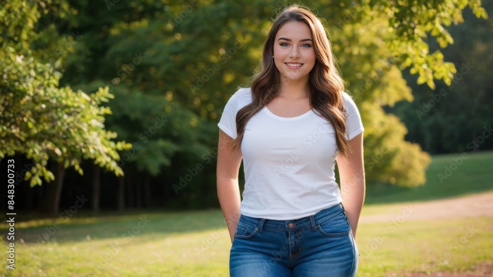Plus size young woman wearing white t-shirt and blue jeans standing in nature Plus size young woman wearing white t-shirt and blue jeans standing in nature