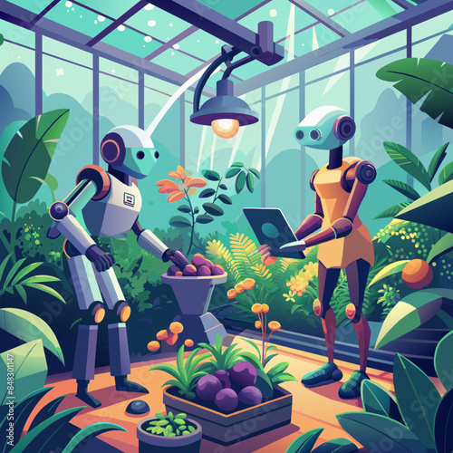 Two robots are tending to a plant in a greenhouse. One of the robots is holding a laptop