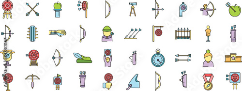 Archery competition icons set outline vector. Target archery. Purpose goal thin line color flat on white