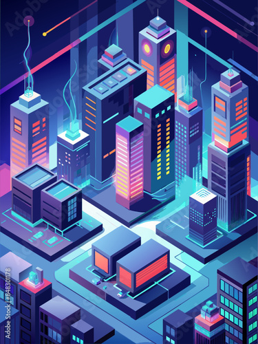 A cityscape with neon lights and tall buildings. Scene is futuristic and vibrant