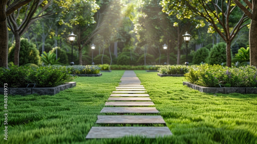 Green lawn with cement block footpath and lamp posts Green lawn with cement block footpath and lamp posts