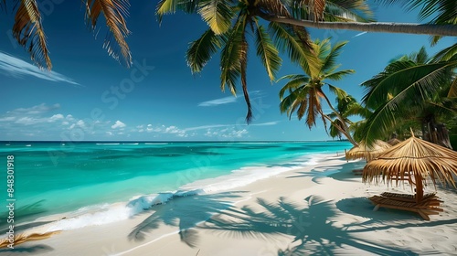 Lounging on a tropical beach with palm trees rustling overhead, straw umbrellas providing relief from the sun, and the mesmerizing hues of the turquoise ocean blending . photo