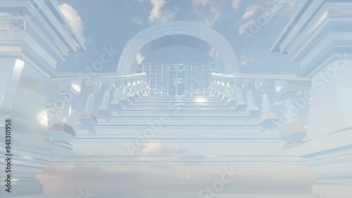 Stairs to Heaven with heavenly sky and heavens gate. Religious or success concept. 4K video animation 3d rendering.