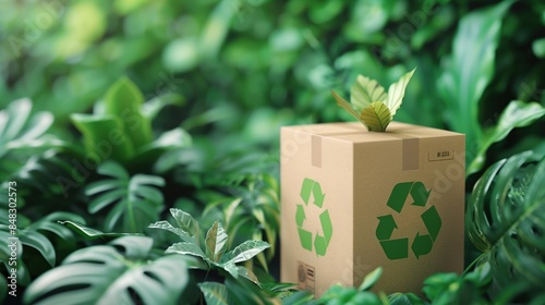 Eco-friendly cardboard box with recycling symbol in a lush green forest, promoting sustainable packaging and environmental conservation.