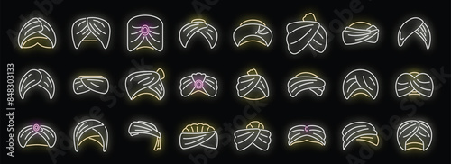 Arabic turban icons set outline vector. Arab hat. Asian farm neon color on black