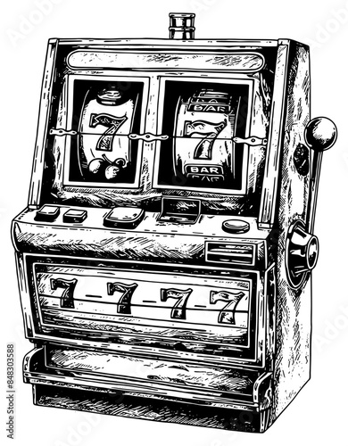 Gambling slot machine illustration in black, isolated 