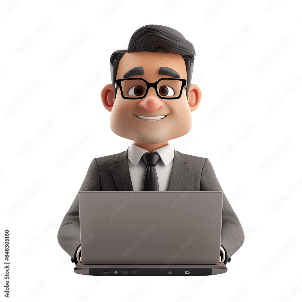 A cheerful 3D businessman working on a laptop in a sleek isolated on white background A cheerful 3D businessman working on a laptop in a sleek isolated on white background