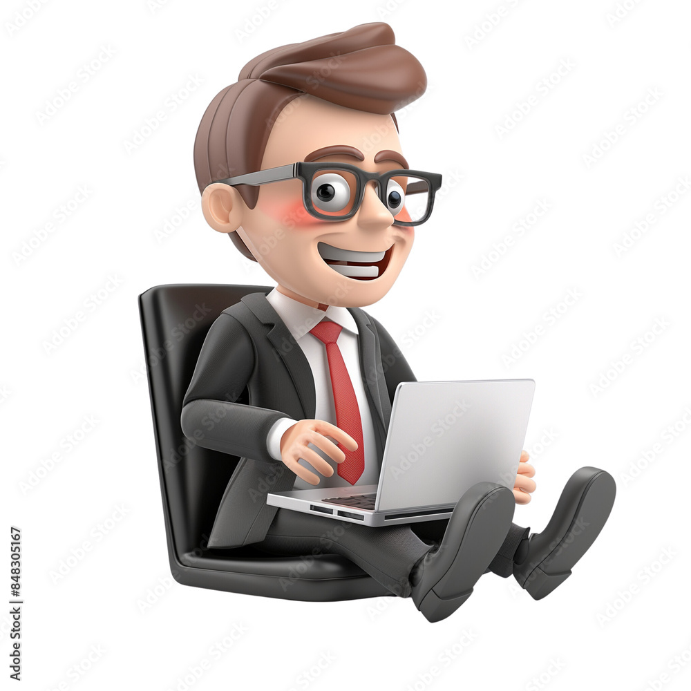 A cheerful 3D businessman working on a laptop in a sleek isolated on white background A cheerful 3D businessman working on a laptop in a sleek isolated on white background