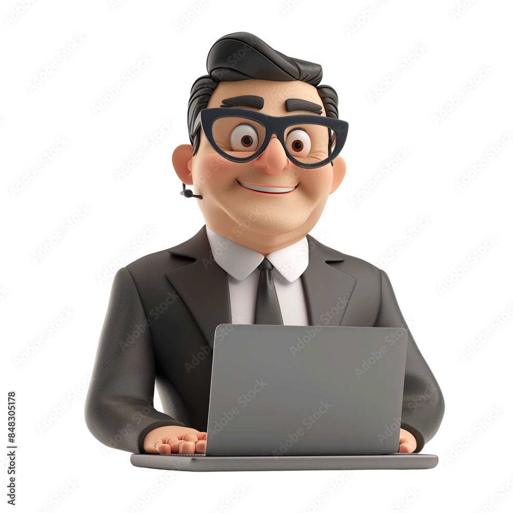 A cheerful 3D businessman working on a laptop in a sleek isolated on white background A cheerful 3D businessman working on a laptop in a sleek isolated on white background