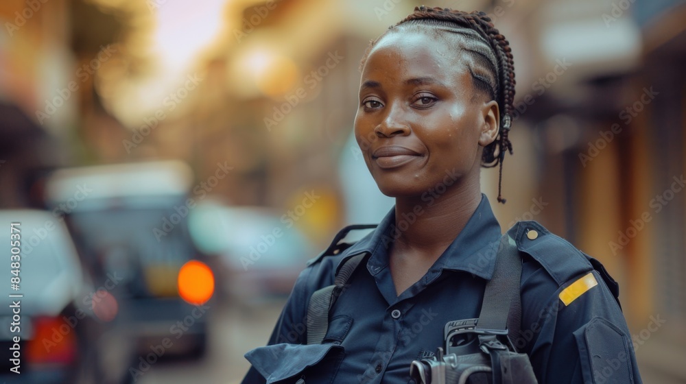 portrait African woman police officer patrolling the streets portrait African woman police officer patrolling the streets
