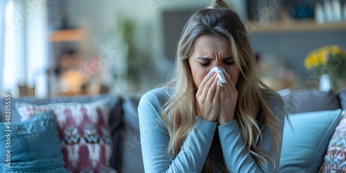 Sick woman blowing nose and coughing while sitting on couch at home. Concept Health, Illness, Symptom Management, Home Care, Sick Day