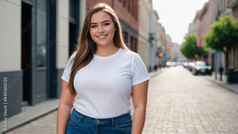 Plus size young woman wearing white t-shirt and blue jeans standing on the street Plus size young woman wearing white t-shirt and blue jeans standing on the street