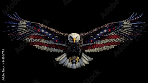 A large eagle with the American flag on its wings