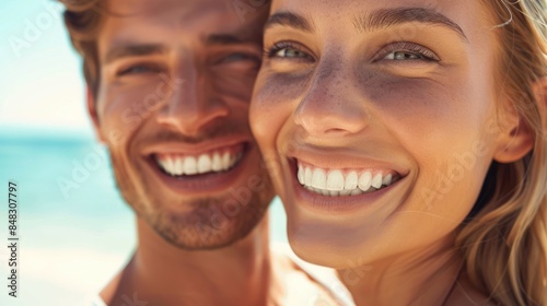 Fototapeta Naklejka Na Ścianę i Meble -  Happy smiling young couple on the tropical beach by the ocean. Two loving people enjoying vacation together