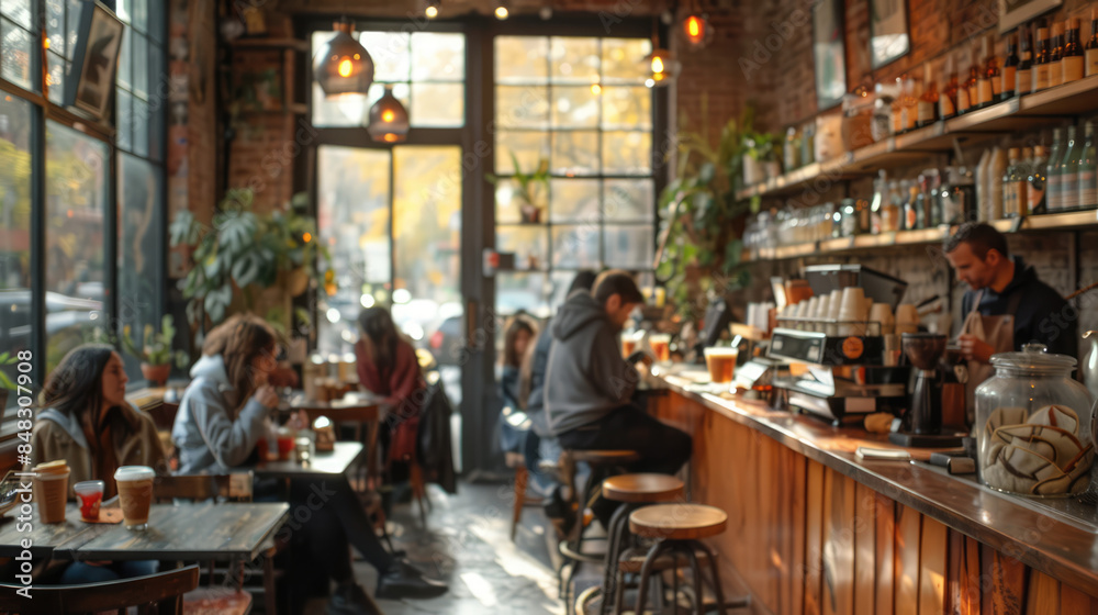 Naklejka premium A trendy coffee shop with patrons enjoying their drinks, modern decor, and a barista at work