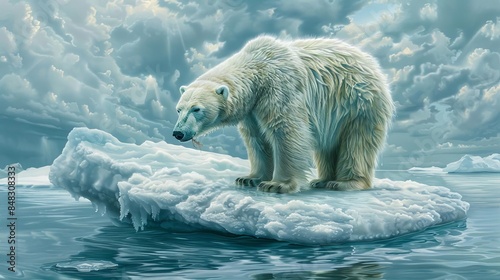 A starving polar bear on a melting ice floe, Arctic, Photorealistic, Cold blue tones, Digital painting, Food scarcity