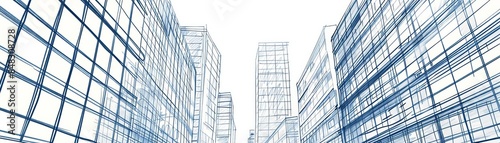 Abstract wireframe depiction of modern skyscrapers and urban architecture, showcasing intricate structural designs in blue on a white background.