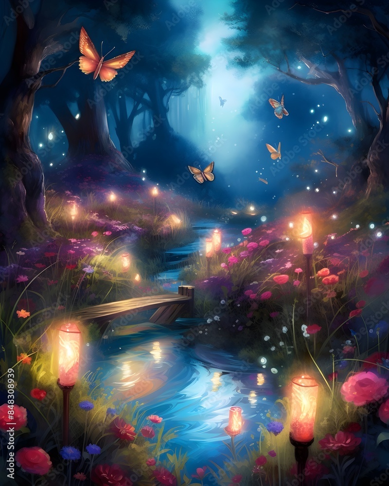 Fototapeta premium Enchanting Watercolor Wonderland of Glowing Fireflies,Vibrant Flowers,and Delicate Butterflies Under a Starry Night Sky