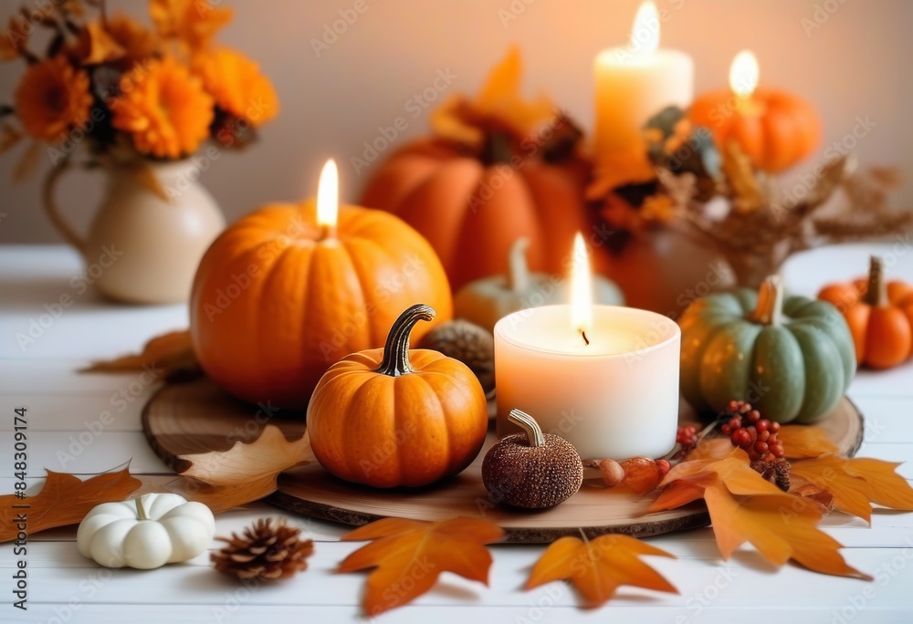 A flat lay of pumpkins, candles, and dried leaves on a white background A flat lay of pumpkins, candles, and dried leaves on a white background