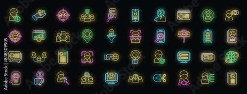 Know your client icons set outline vector. Card cms. Data customer neon color on black