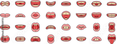 Articulation icons set outline vector. Childhood development. Education preschool thin line color flat on white