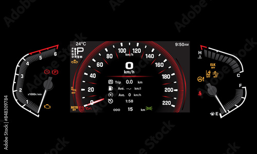 Car dashboard speed meter technology design modern futuristic on black background vector