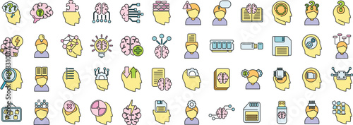 Memory icons set outline vector. Brain alzheimer. Care disorder thin line color flat on white