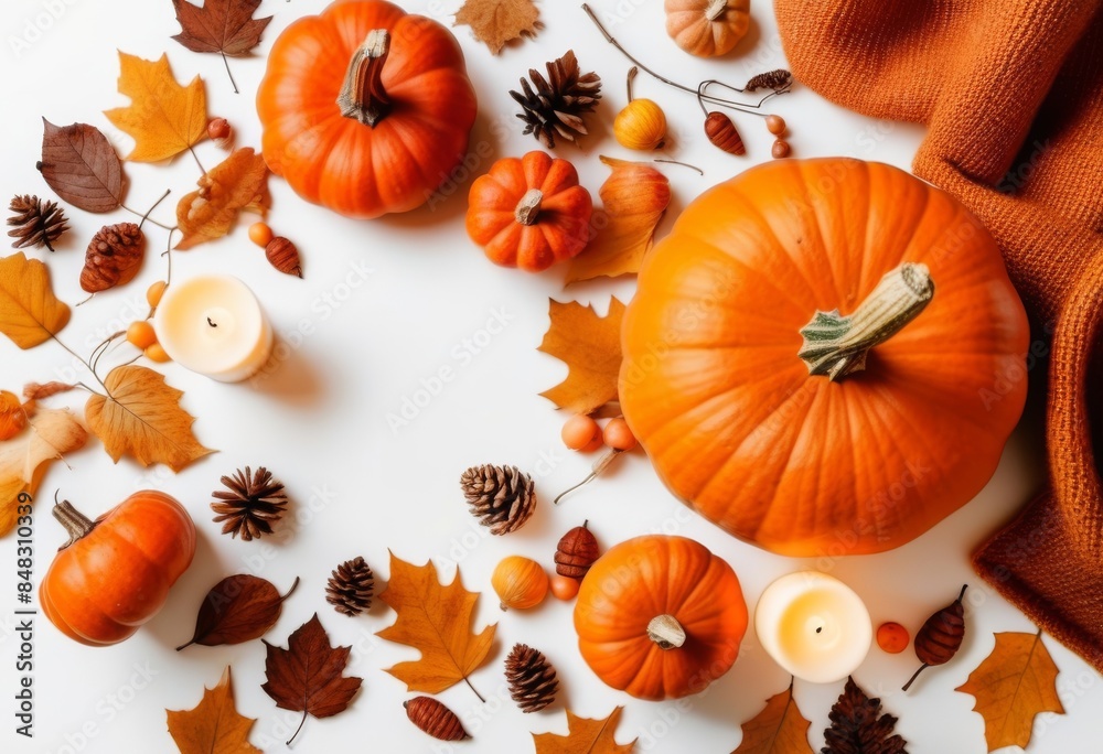 A flat lay of pumpkins, candles, and dried leaves on a white background A flat lay of pumpkins, candles, and dried leaves on a white background