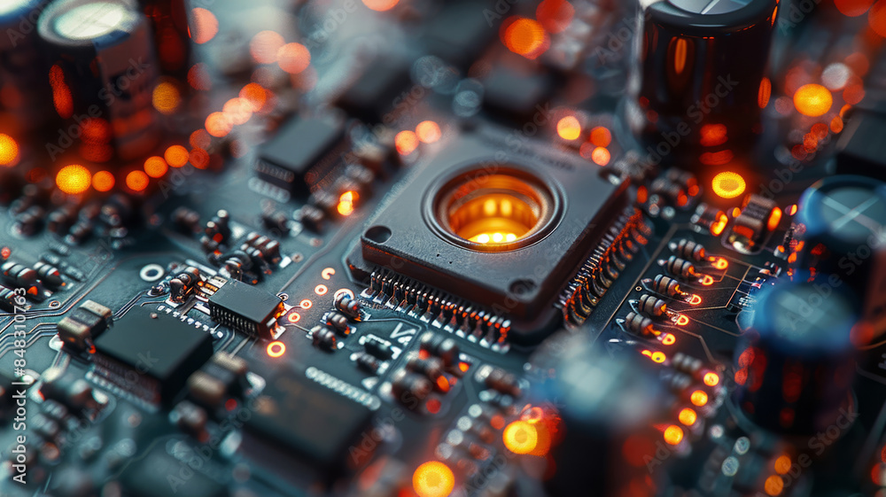 Detailed electronic circuit board with illuminated components Detailed electronic circuit board with illuminated components