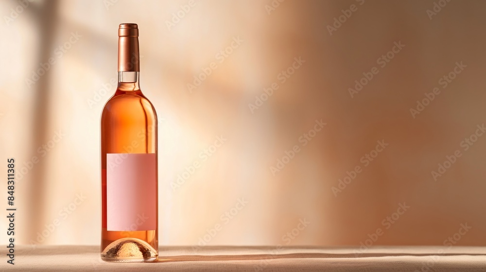 Obraz premium Bottle of rose wine with blank label on a wooden table. Template for a vineyard or wine shop. Romantic concept, banner with copy space.