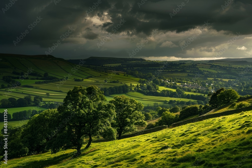 Obraz premium Dramatic landscape photograph of a sun drenched Valley wrapped by heavy storm clouds, with fields and hilly greenery under a dark sky. Yorkshire Dales UK