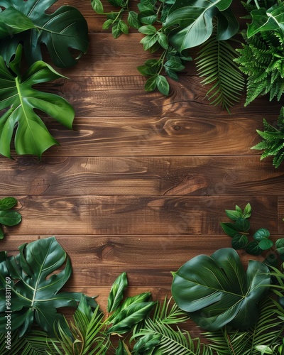 Stylish wooden surface with vibrant green plants, modern interior decoration, great for home improvement and lifestyle blogs