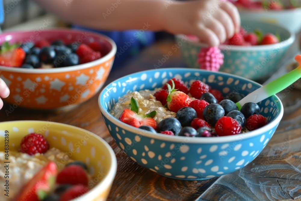 Child's hands holding a spoon over a bowl of berries and honey. Bowls of oatmeal and berries on the table. Child's hands holding a spoon over a bowl of berries and honey. Bowls of oatmeal and berries on the table.